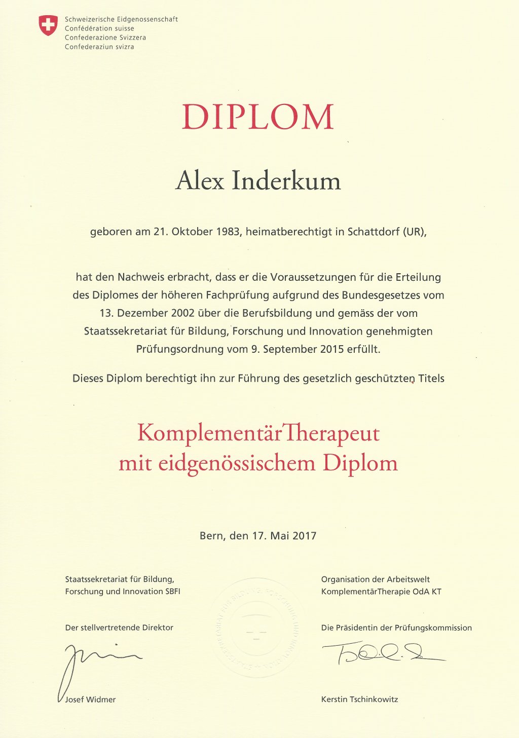 Diplom Komplementärtherapeut Alex Inderkum